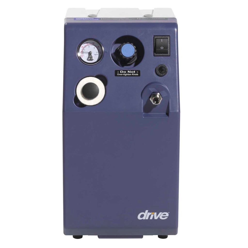 Drive Medical compact portable Heavy Duty 50 PSI Compressor in blue with pressure gauge control knob and outlet