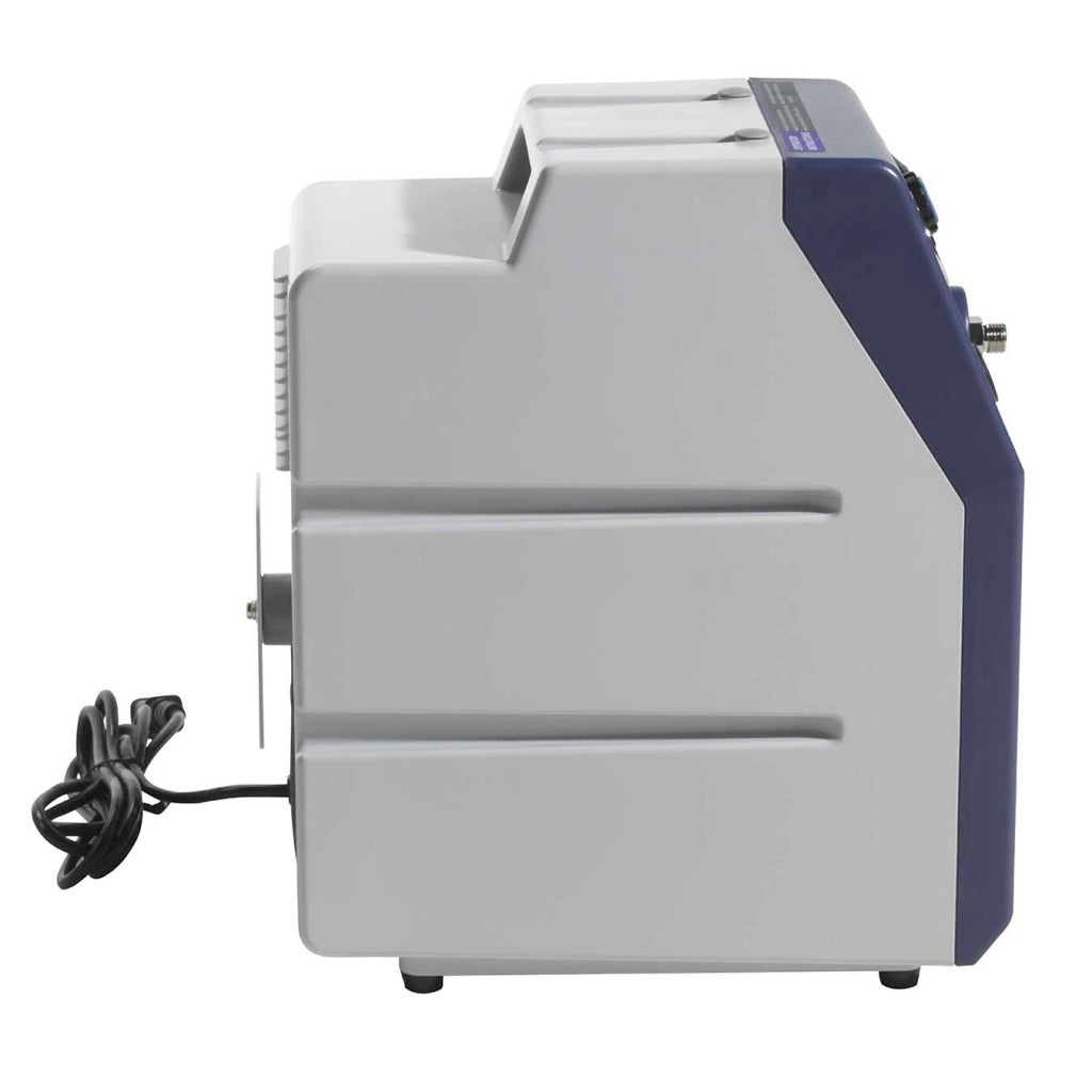 Drive Medical Heavy Duty 50 PSI Compressor side view white gray unit with blue panel and power cord