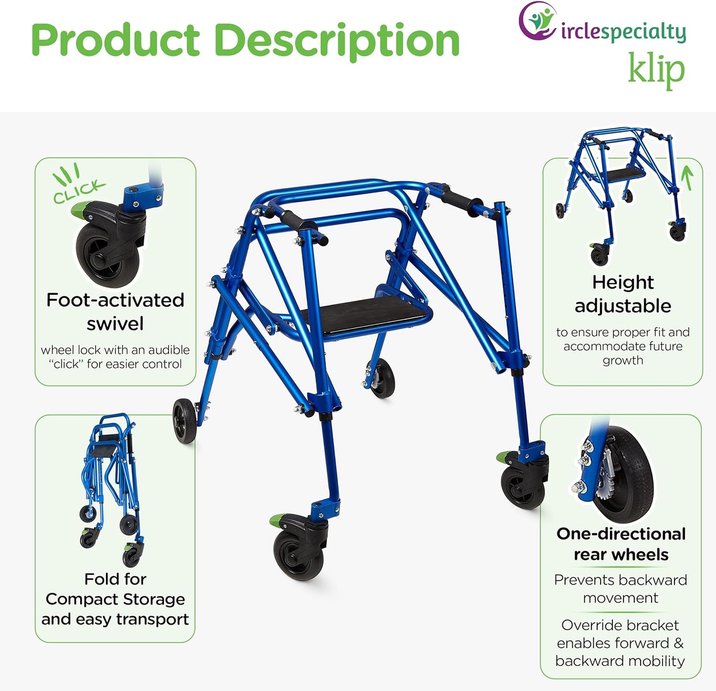 Klip 4-Wheel With Flip-Up Seat posterior Pediatric Walker (KP510-20-30-40) By Circle
