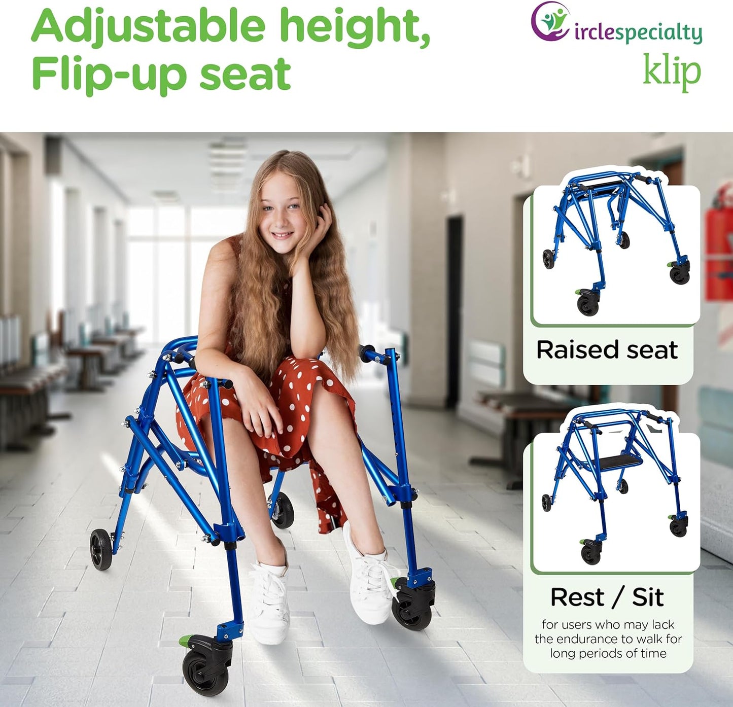 Klip 4-Wheel With Flip-Up Seat posterior Pediatric Walker (KP510-20-30-40) By Circle