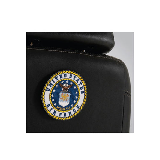 Pride Mobility Air Force Military Patch embroidered on black leather chair back
