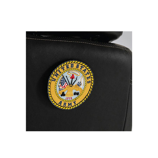 Pride Mobility black seat with attached Army Military Patch featuring United States Army emblem