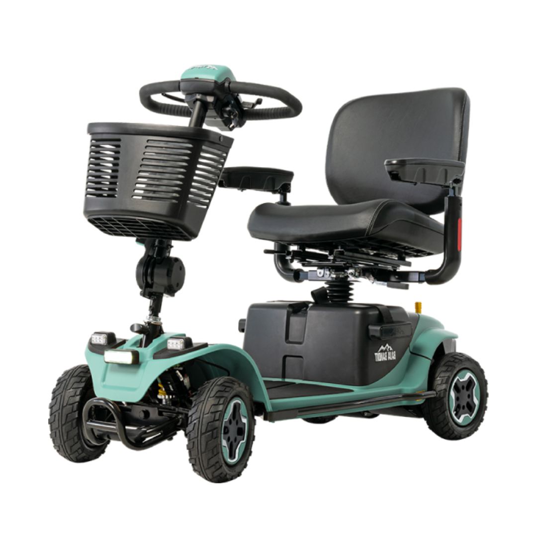 Pride Mobility Baja Bandit four-wheel mobility scooter with black seat and front basket