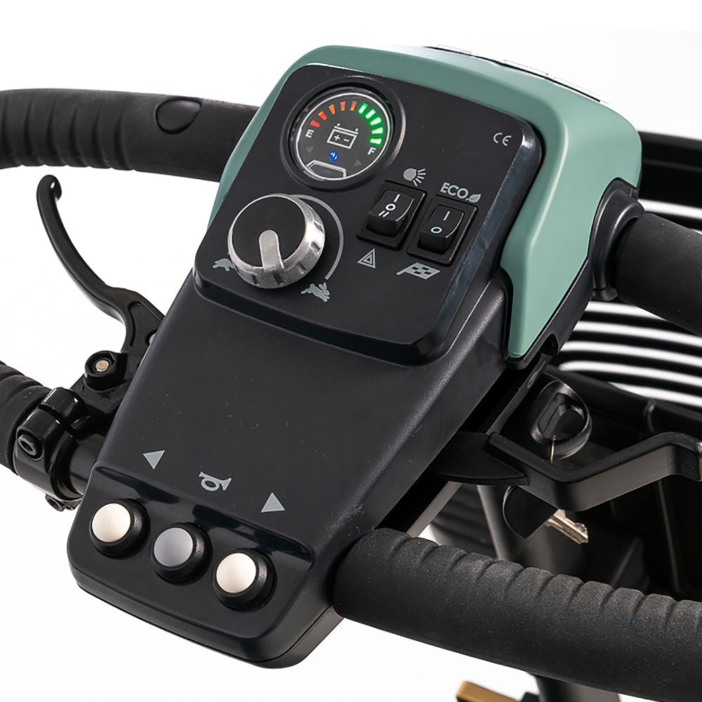 Pride Mobility Baja Bandit scooter control panel with battery indicator and speed settings