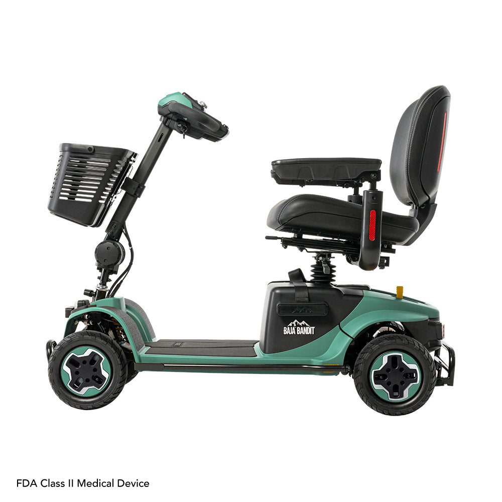 Pride Mobility Baja Bandit green mobility scooter with black seat and front basket