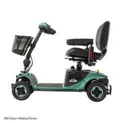 Pride Mobility Baja Bandit green mobility scooter with black seat and front basket
