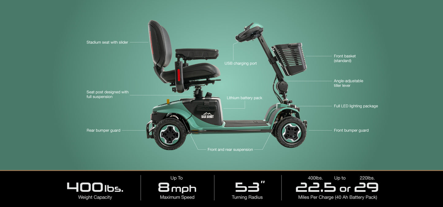 Pride Mobility Baja Bandit mobility scooter with stadium seat, front basket, and full LED lighting