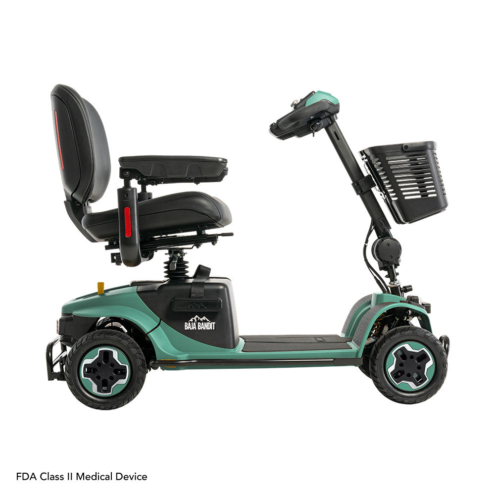 Pride Mobility Baja Bandit four-wheel mobility scooter in green with black seat and front basket