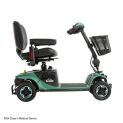 Pride Mobility Baja Bandit four-wheel mobility scooter in green with black seat and front basket