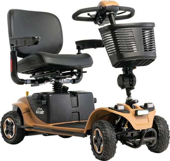 Pride Mobility Baja Bandit beige mobility scooter with comfortable seat and front storage basket