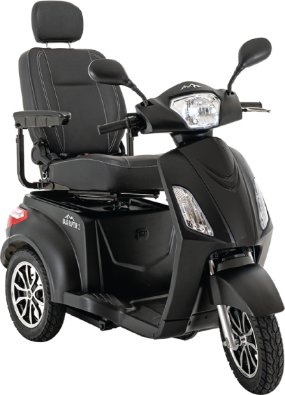 Pride Mobility Baja Raptor 2 3-Wheel Mobility Scooter in black with comfortable seat and rearview mirrors