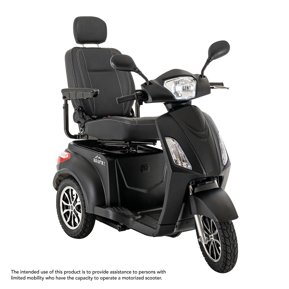 Pride Mobility Baja Raptor 2 3-Wheel Mobility Scooter in black with comfortable seat and mirrors