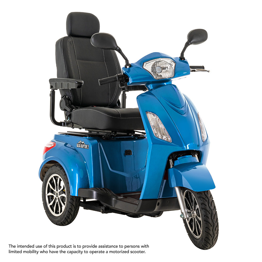 Baja Raptor 2 3-Wheel Mobility Scooter by Pride Mobility in blue with comfortable black seat and rearview mirrors