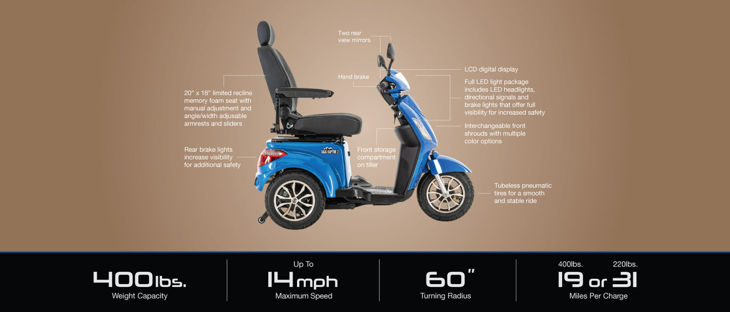 Pride Mobility Baja Raptor 2 3-Wheel Mobility Scooter in blue with padded seat and digital display