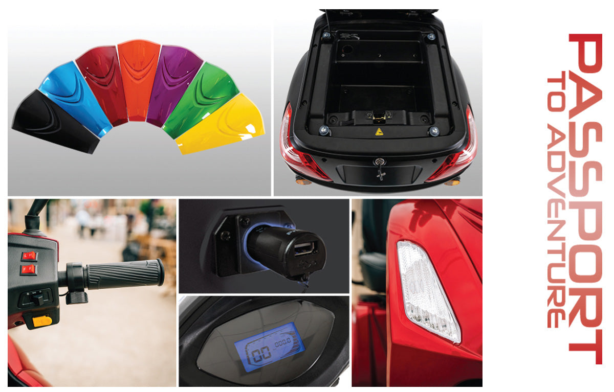Pride Baja Raptor 2 3-Wheel Mobility Scooter showing color options, storage compartment, charging port, & display screen