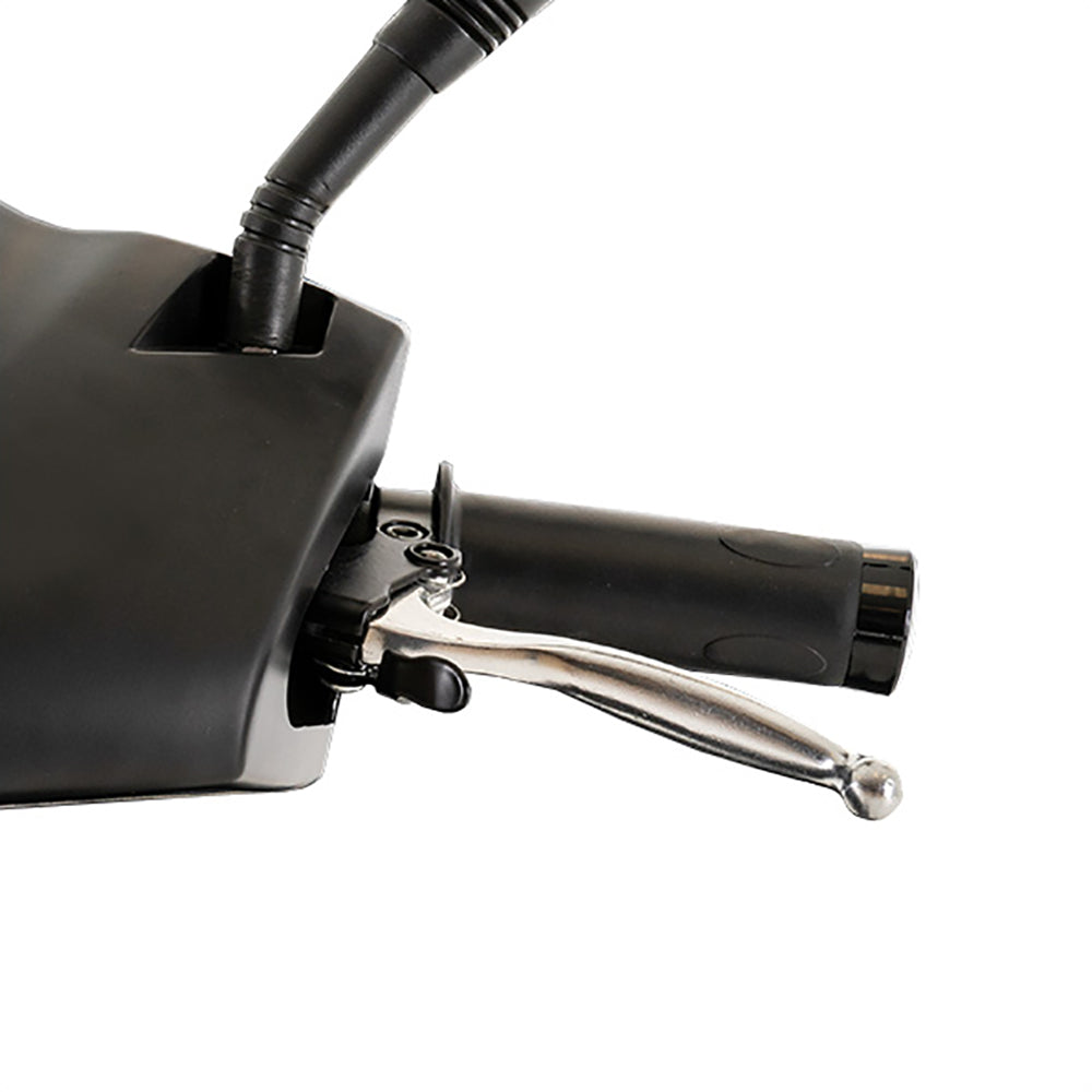Close-up of the handlebar throttle and brake lever on the Baja Raptor 2 3-Wheel Mobility Scooter by Pride Mobility