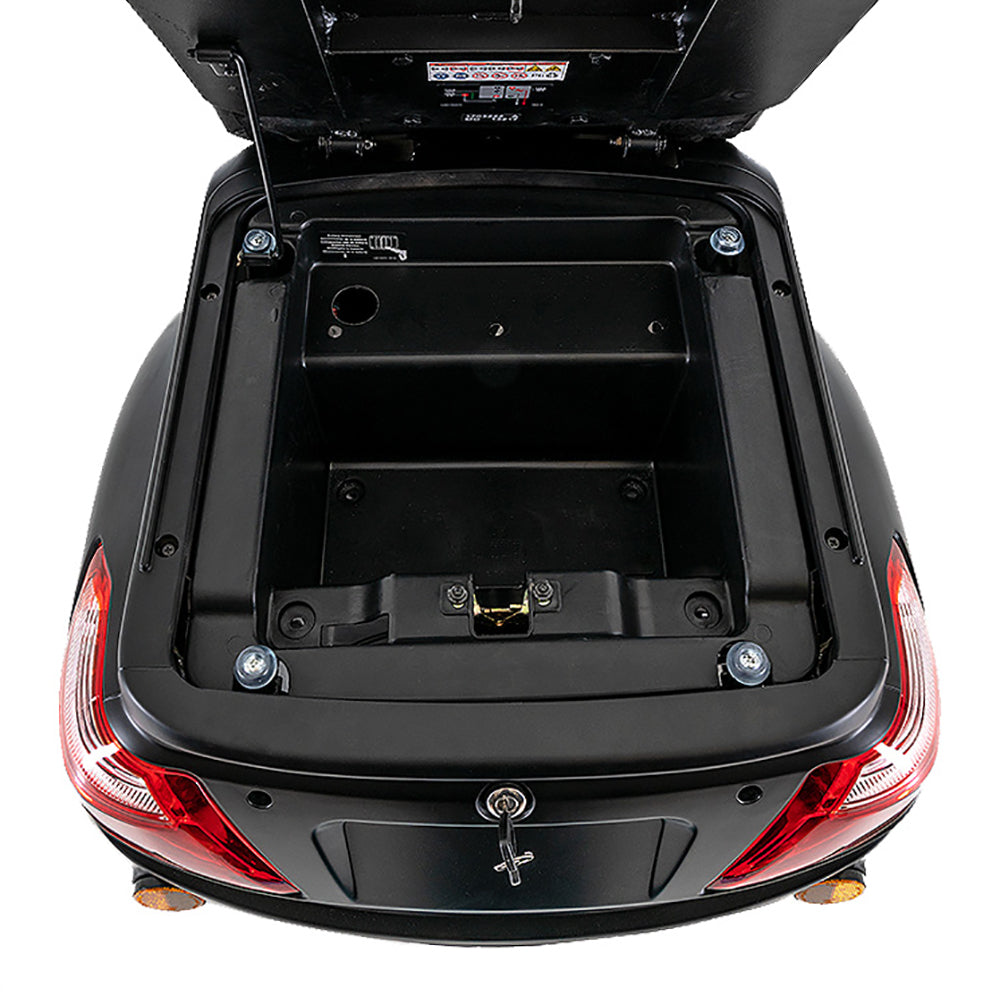 Open rear storage compartment of Pride Mobility Baja Raptor 2 3-Wheel Mobility Scooter showing black interior space