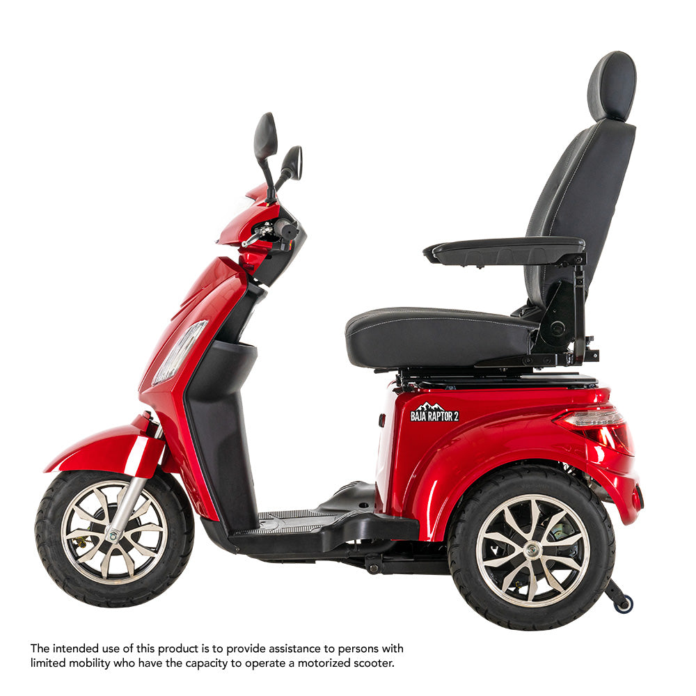 Pride Mobility Baja Raptor 2 3-Wheel Mobility Scooter in red with padded seat and armrest