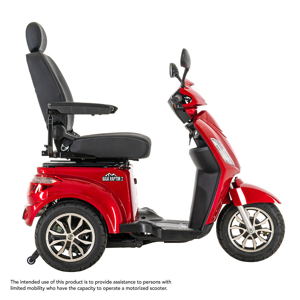 Red Pride Mobility Baja Raptor 2 3-Wheel Mobility Scooter with black seat and armrests