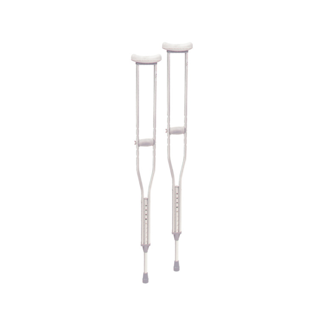 Drive Medical Aluminum Walking Crutches with Underarm Pad & Handgrip in silver color, standing upright