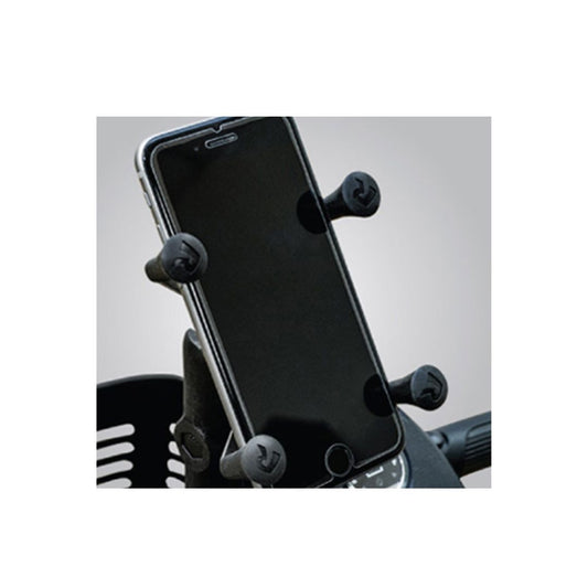 Pride Mobility Cell Phone Holder securely gripping a smartphone on a mobility scooter handlebar