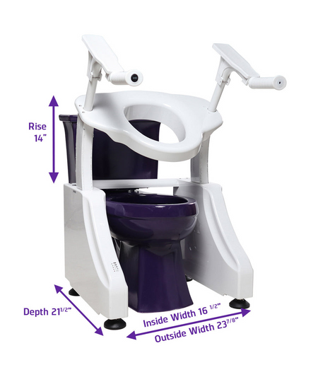 DIGNITY LIFTS DELUXE TOILET LIFT with adjustable armrests and size dimensions for easier toilet access