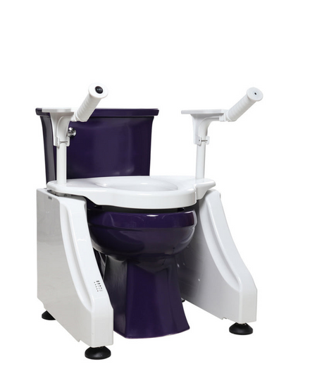 DIGNITY LIFTS DELUXE TOILET LIFT with white armrests and purple toilet seat for assisted sitting and standing