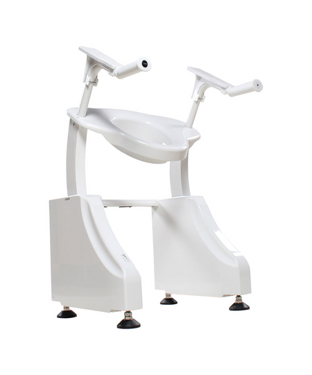White DIGNITY LIFTS DELUXE TOILET LIFT with sturdy armrests and adjustable height support