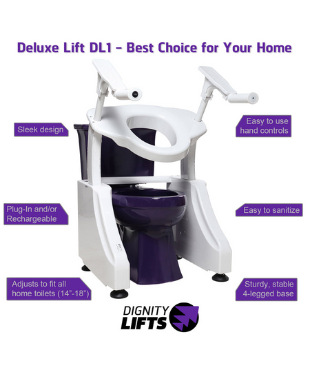 DIGNITY LIFTS DELUXE TOILET LIFT with easy hand controls, sturdy base, and adjustable fit for home toilets