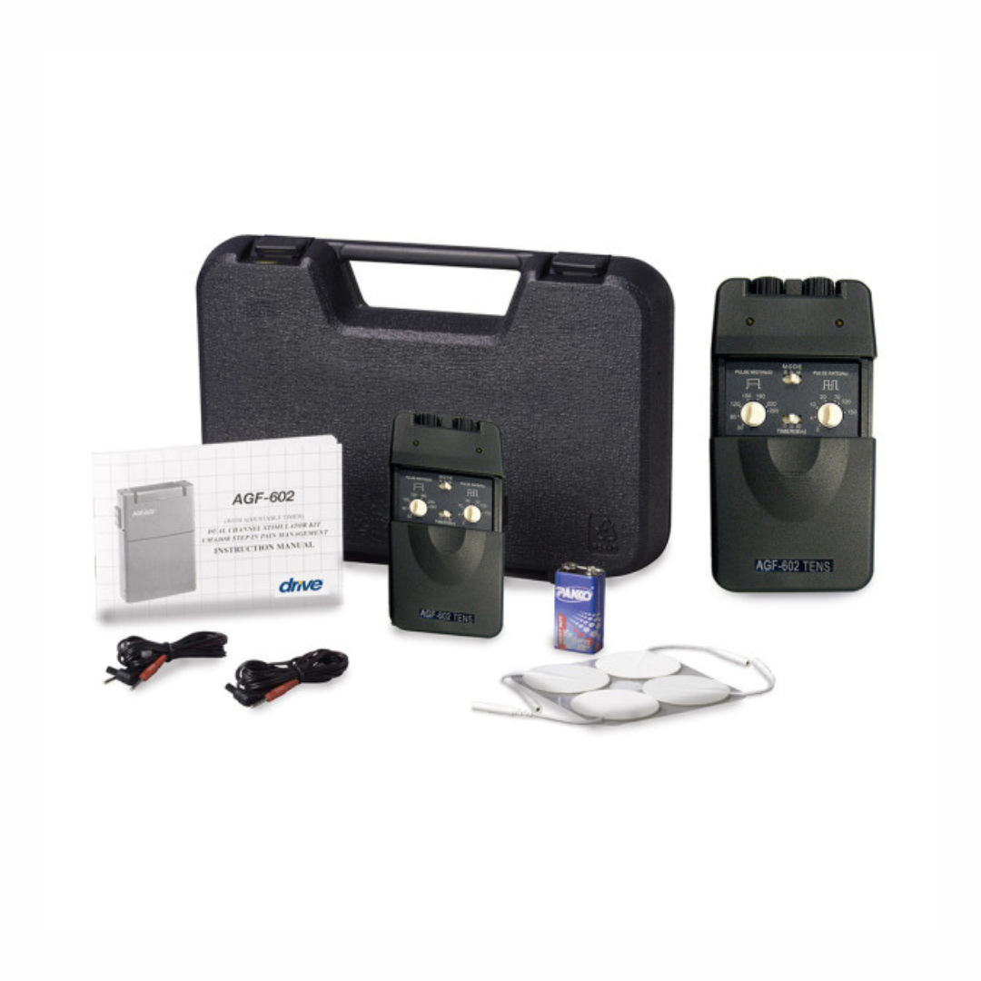 Drive Medical Dual Channel TENS With Timer AGF602 in black with accessories and manual