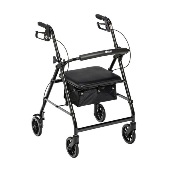 Drive Medical Aluminum Foldable Rollator Walker in black with lightweight design and storage seat