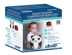 Panda Pediatric Compressor Nebulizer product box showing panda shaped nebulizer, child using mouthpiece and red carry bag