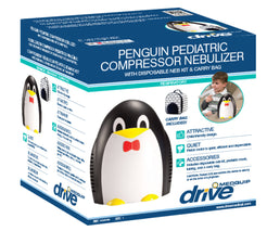 Drive Medical Penguin Pediatric Compressor Nebulizer boxed kit showing penguin compressor device with carry bag and child using mask