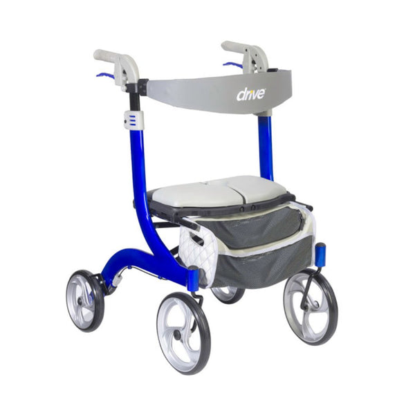 Drive Medical Nitro DLX Euro Style Rollator in blue and gray with padded seat and storage bag