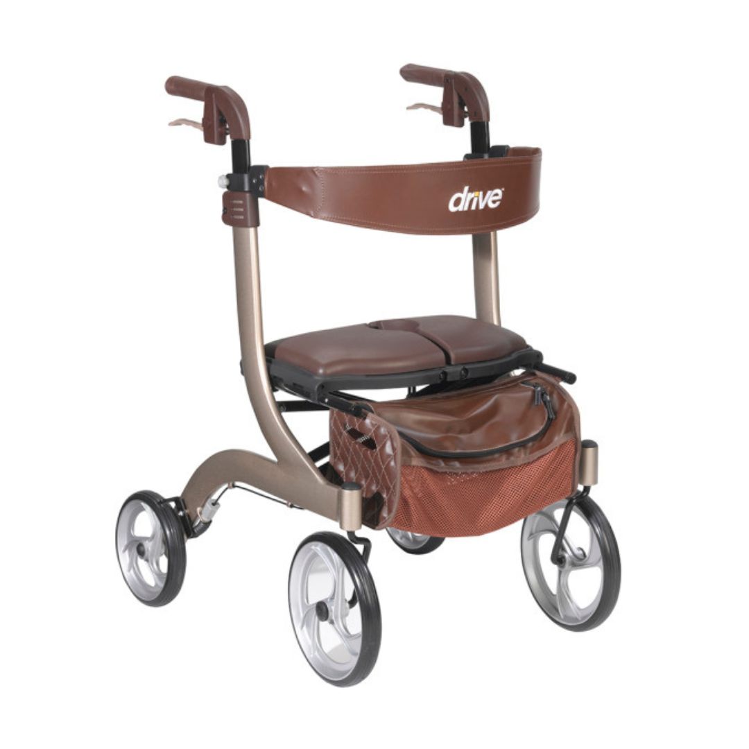 Drive Medical Nitro DLX Euro Style Rollator in brown with padded seat and storage bag