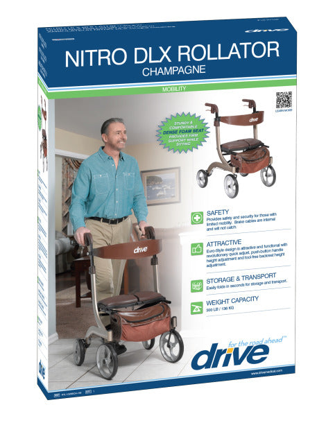 Drive Medical Nitro DLX Euro Style Rollator in champagne with ergonomic design for mobility support