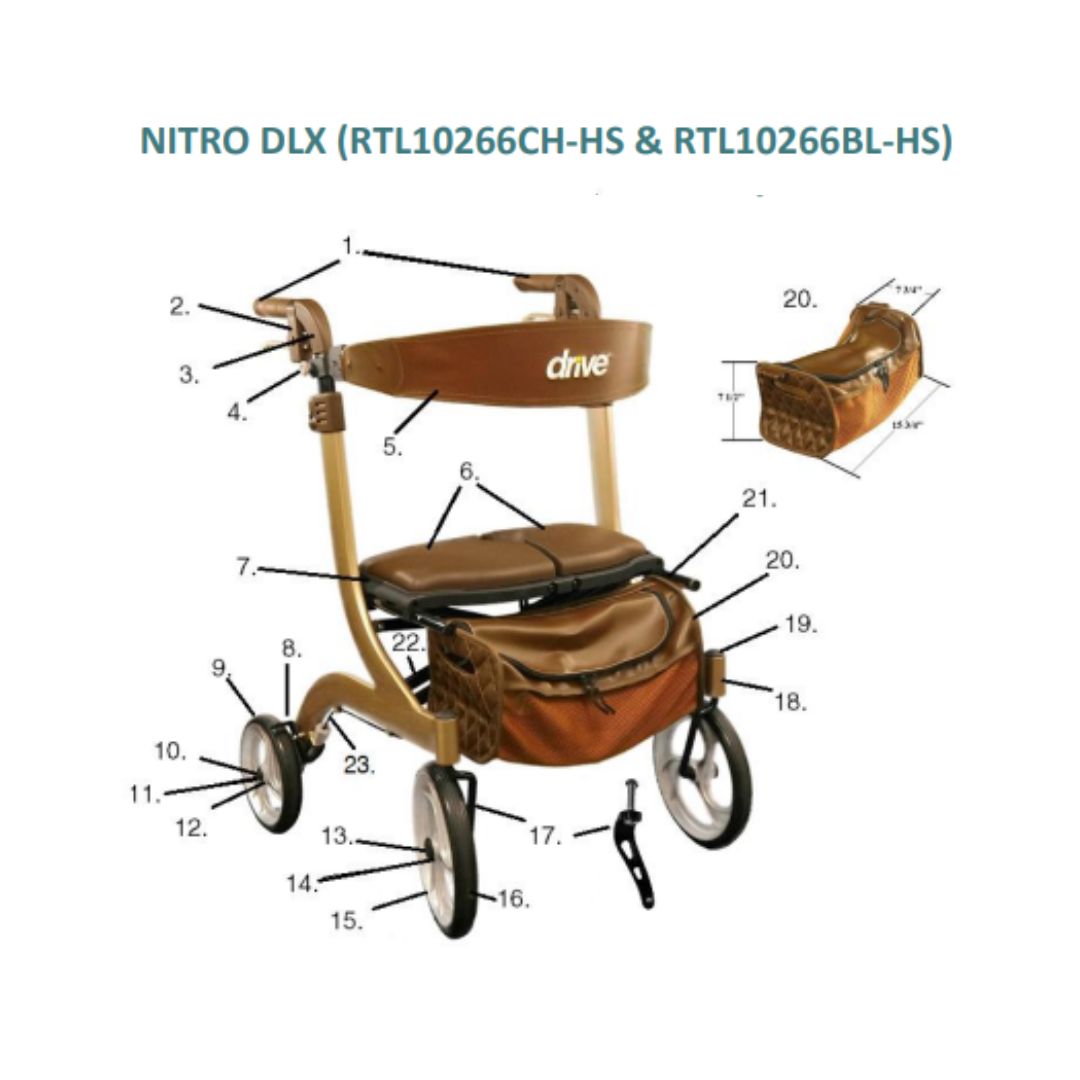 Drive Medical Nitro DLX Euro Style Rollator with cushioned seat and storage pouch