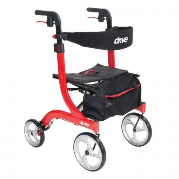 Drive Medical Nitro Euro Style Aluminum Rollator Walker in red with black seat and storage bag