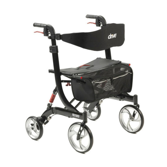 Drive Medical Nitro Euro style HD Rollator with black frame, seat, and storage bag for mobility assistance