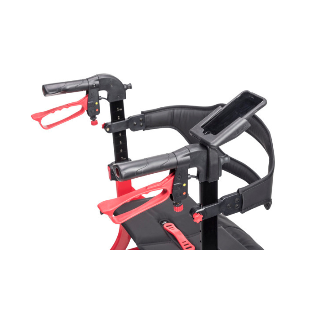 Drive Medical Nitro Sprint and Glide Cell Phone Holder attached to walker handles for hands-free phone use