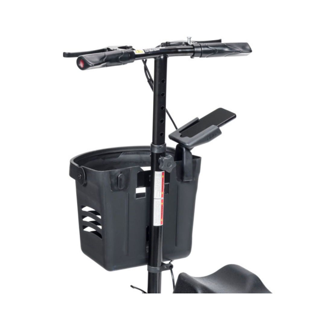 Drive Medical Nitro Sprint and Glide Cell Phone Holder attached to mobility scooter with black basket