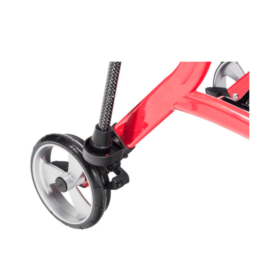 Drive Medical Nitro Sprint Cane Holder attached to red mobility device wheel for hands-free cane storage