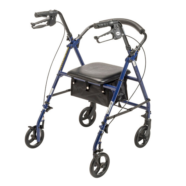 Drive Rollator by Drive Medical with blue frame, four wheels, padded seat, and hand brakes