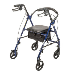 Drive Rollator by Drive Medical with blue frame, four wheels, padded seat, and hand brakes