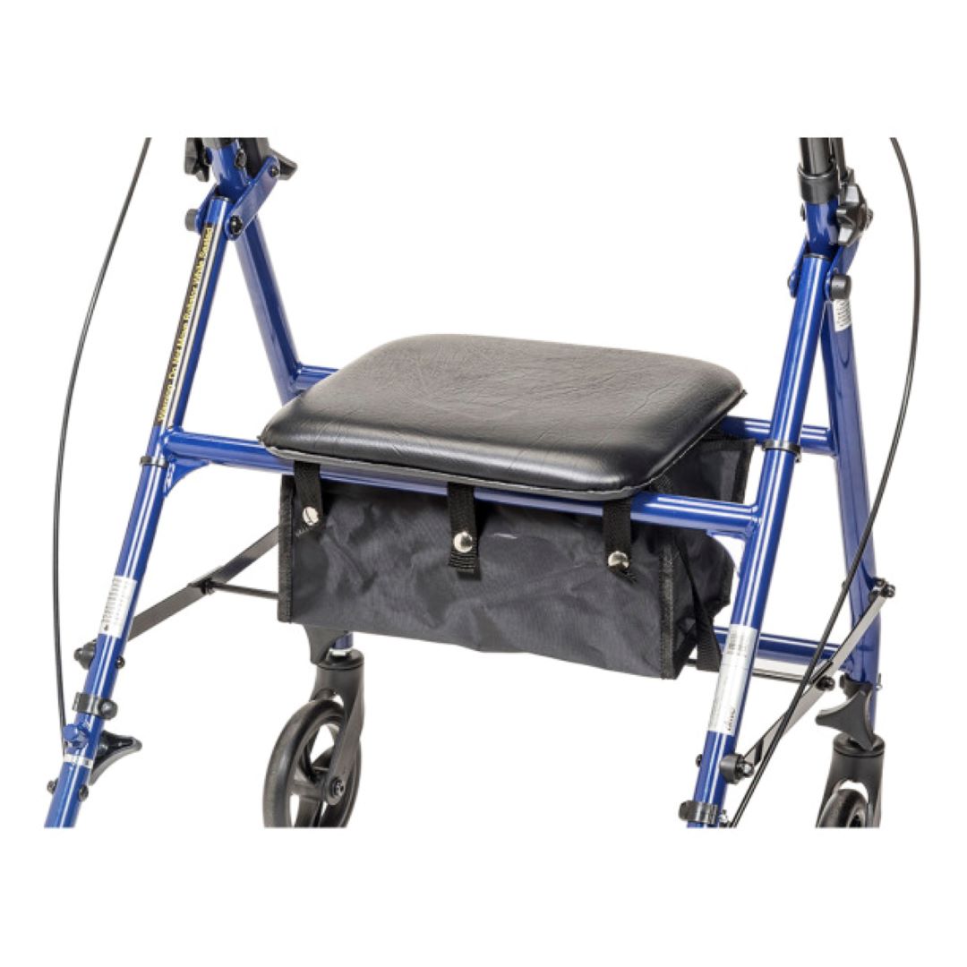 Drive Rollator with blue frame, padded seat, and black storage bag underneath for mobility support