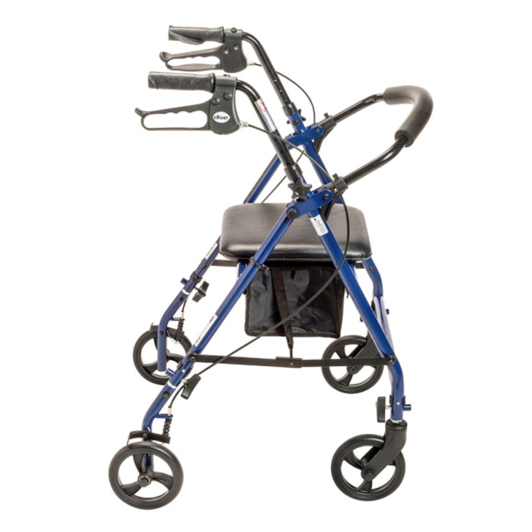 Drive Rollator by Drive Medical with blue frame, four wheels, padded seat, and hand brakes for mobility support