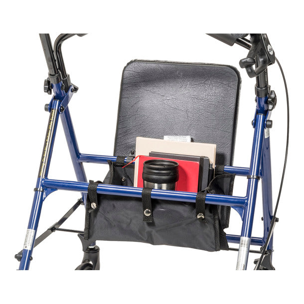 Drive Rollator with black storage pouch holding books and a cup against a white background