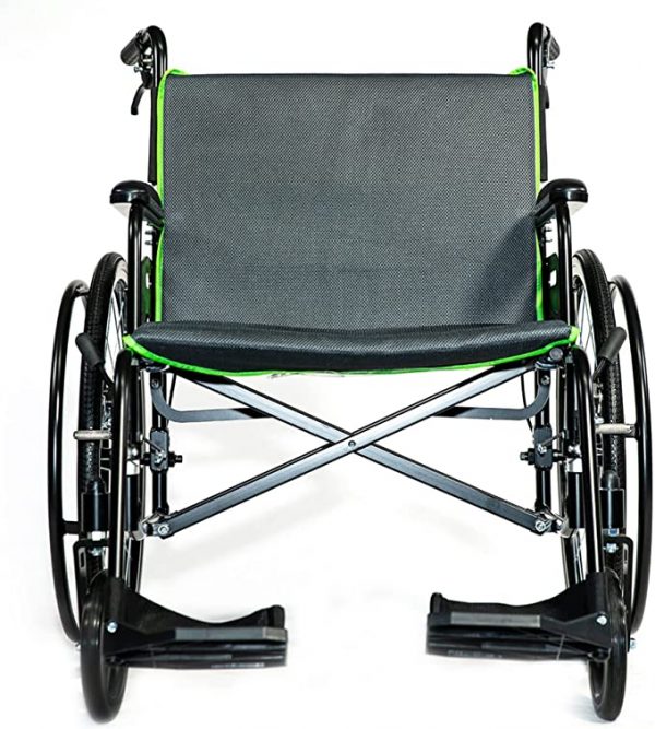 FEATHER CHAIR HD - 15 LBS lightweight folding wheelchair with black and green fabric seat and backrest