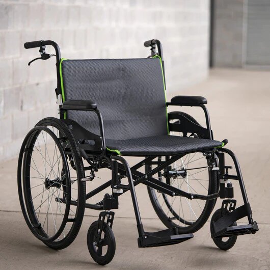 Black Feather Chair HD - 15 LBS wheelchair with green accents and sturdy frame for mobility support