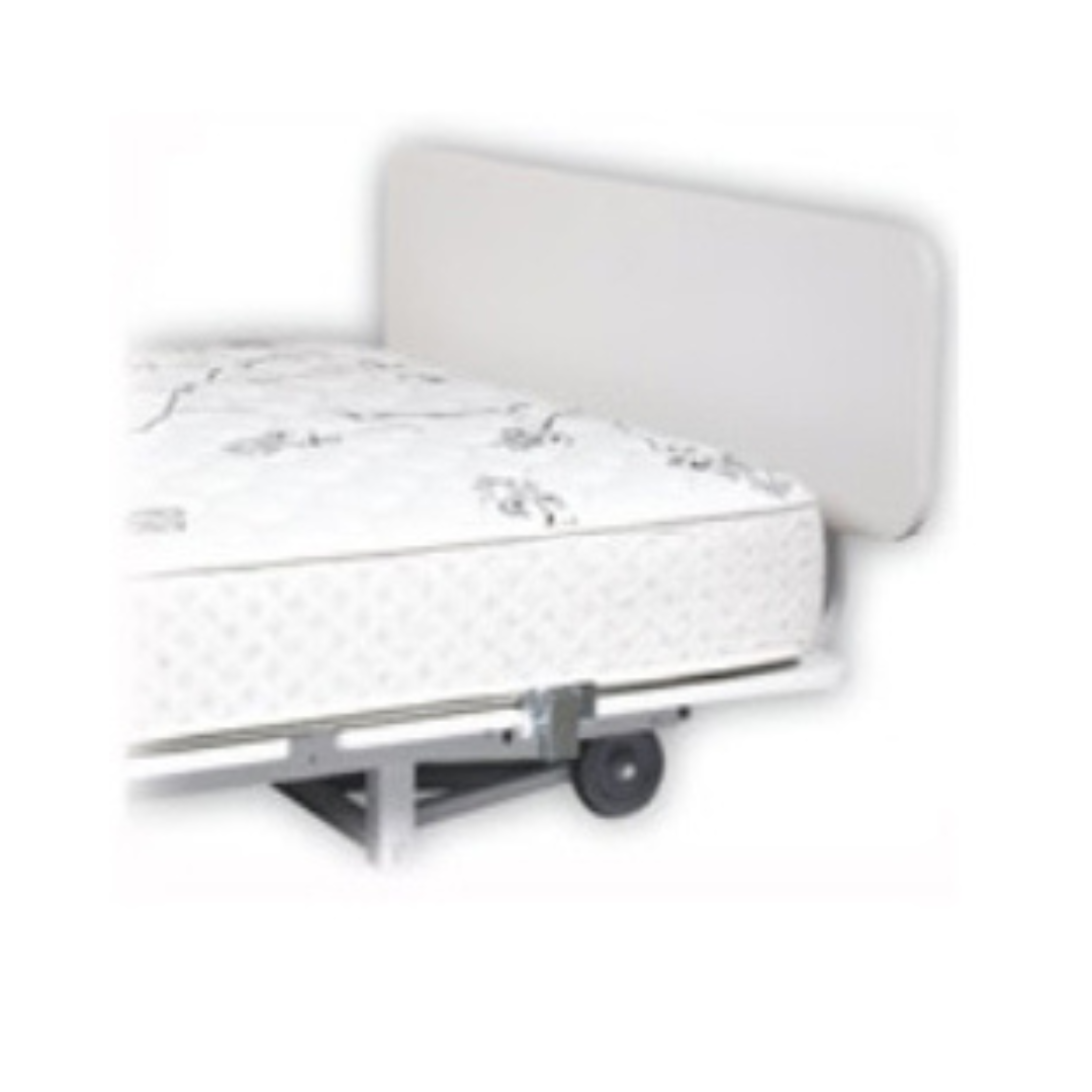 Transfer Master hospital bed footboard in white attached to bed frame with mattress